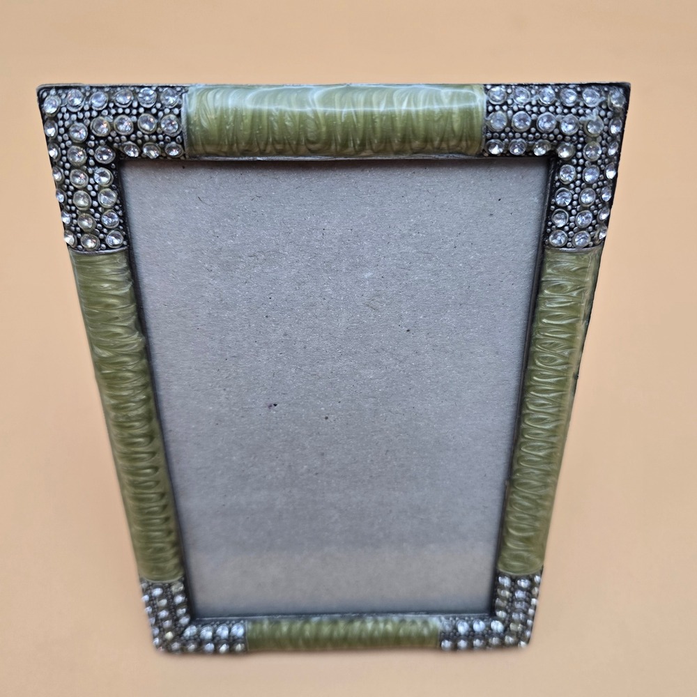 Sage Green Enamel and Rhinestone Picture Frame Vintage Style 4x6 Tabletop Decor - Picture 8 of 16